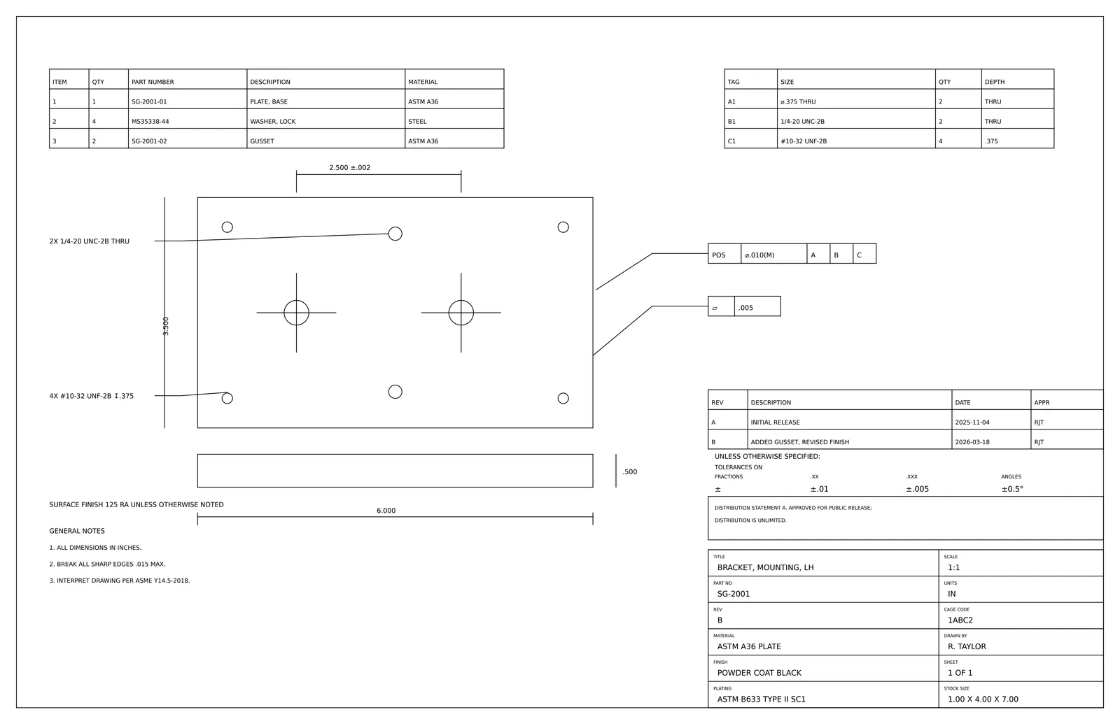 The synthetic drawing: Every title-block box filled in, with a parts list, a hole table, a revision block, a tolerance block, notes and a distribution statement approved for public release.