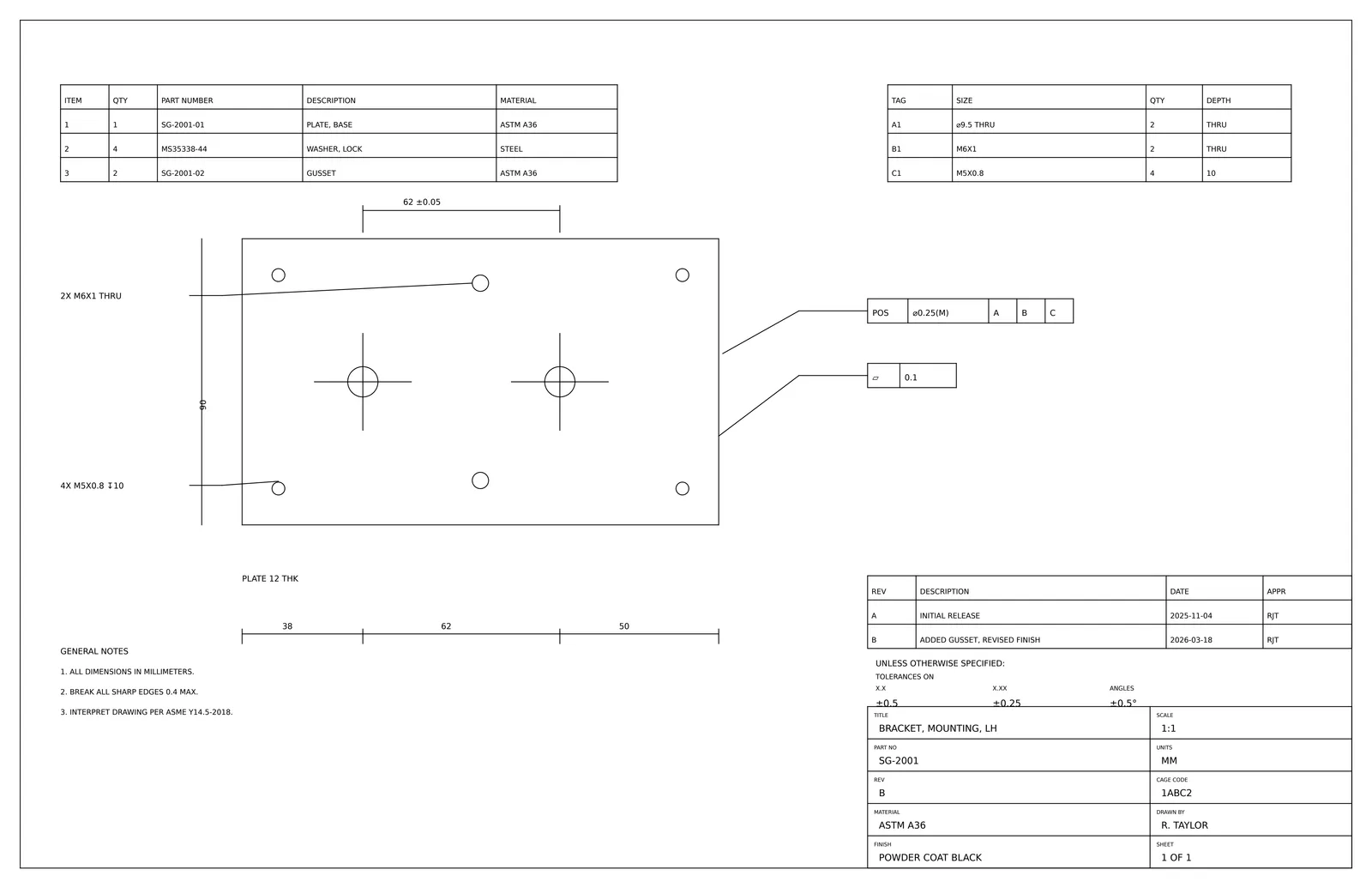 The synthetic drawing: Millimeters, chain dimensioning, and the thickness stated only in a note.